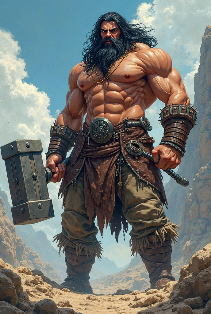 4 meter tall muscular ogre using a black dagger, tan skin, He has some bruises on his body.