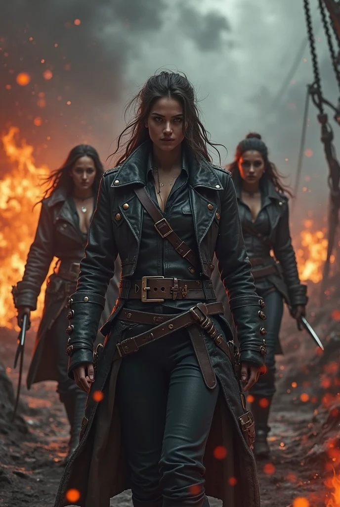 A fierce woman with dark, gothic makeup and flowing black hair, aiming a crossbow out of a gothic-style carriage, surrounded by dark flames and eerie shadows in a haunted landscape.