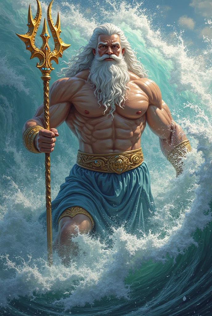 a painting of a man with a spear and a large body of water, O Deus Poseidon, Poseidon, O Deus do Mar, Mito grego pintura digital, segurando seu tridente, Deus do Oceano, Furioso Deus Zeus, O Deus Zeus, deus grego, Como um atlante, Personagens da mitologia grega, velho deus, Deuses gregos, epic scene of zeus, muitas ondas gigantes, mar agressivo
