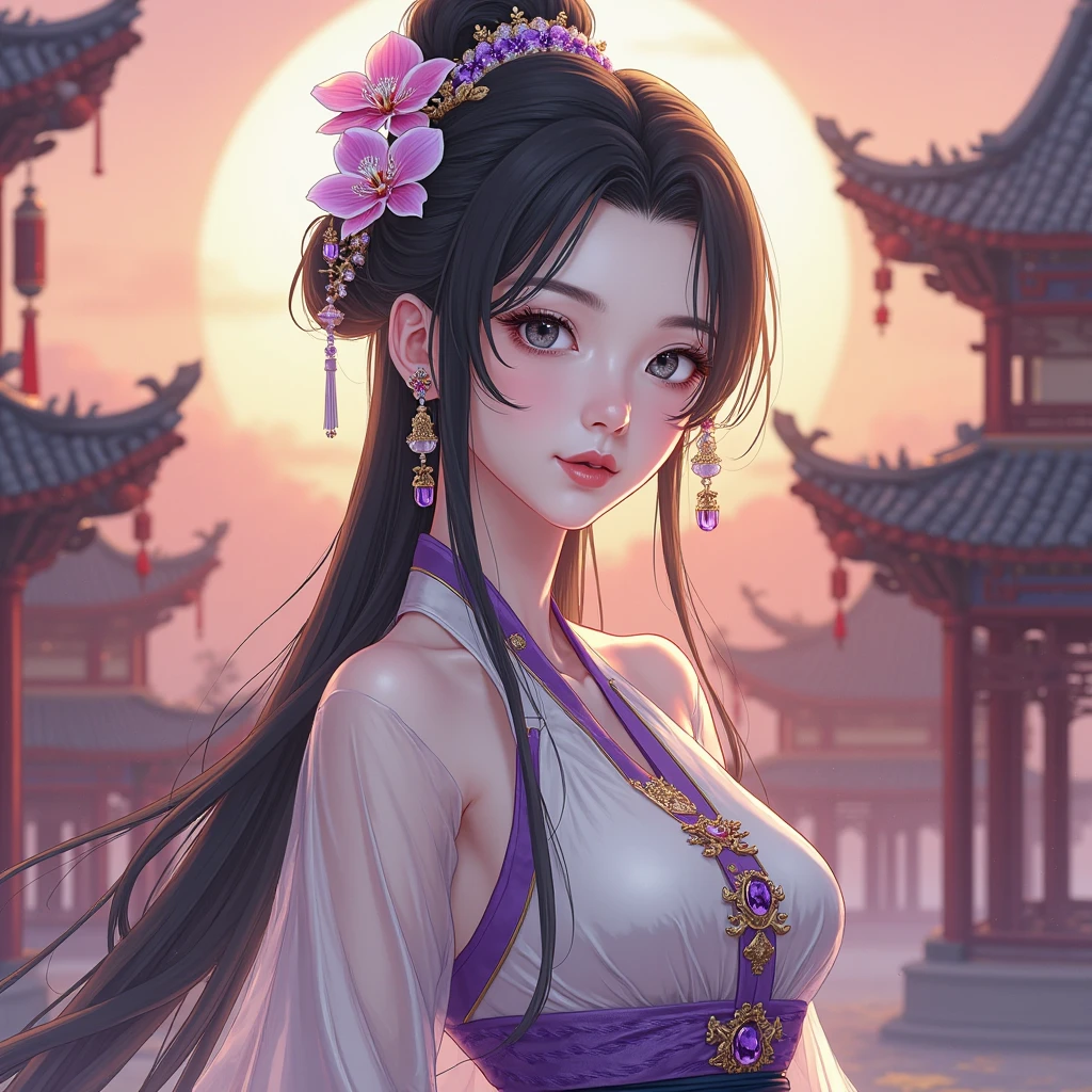 best quality,masterpiece,Ultra-high resolution,(photoactual:1.4),,Peach blossom tree(background),20 years old ,Peach Blossom Goddess(Japanese Girls),Long hair with a shawl,close eyes,Sexy body,Big breasts,Wearing a peach blossom strapless skirt,坐在Peach blossom tree上,Kissing a peach in hand,