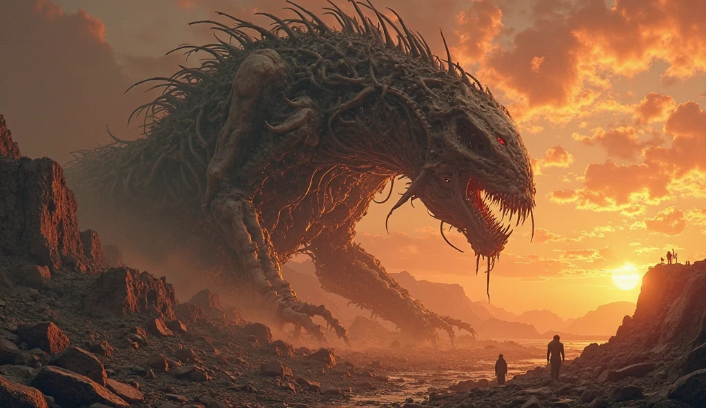A very detailed painting，Depicts a man on a hill gazing at a giant alien monster, author：Shinkai Makoto, By Art Jem, From Wlop, author：Greg Rutkowski, Volumetric Lighting, Octane Rendering, 4K resolution, Popular on artstation, masterpiece ,wind magic