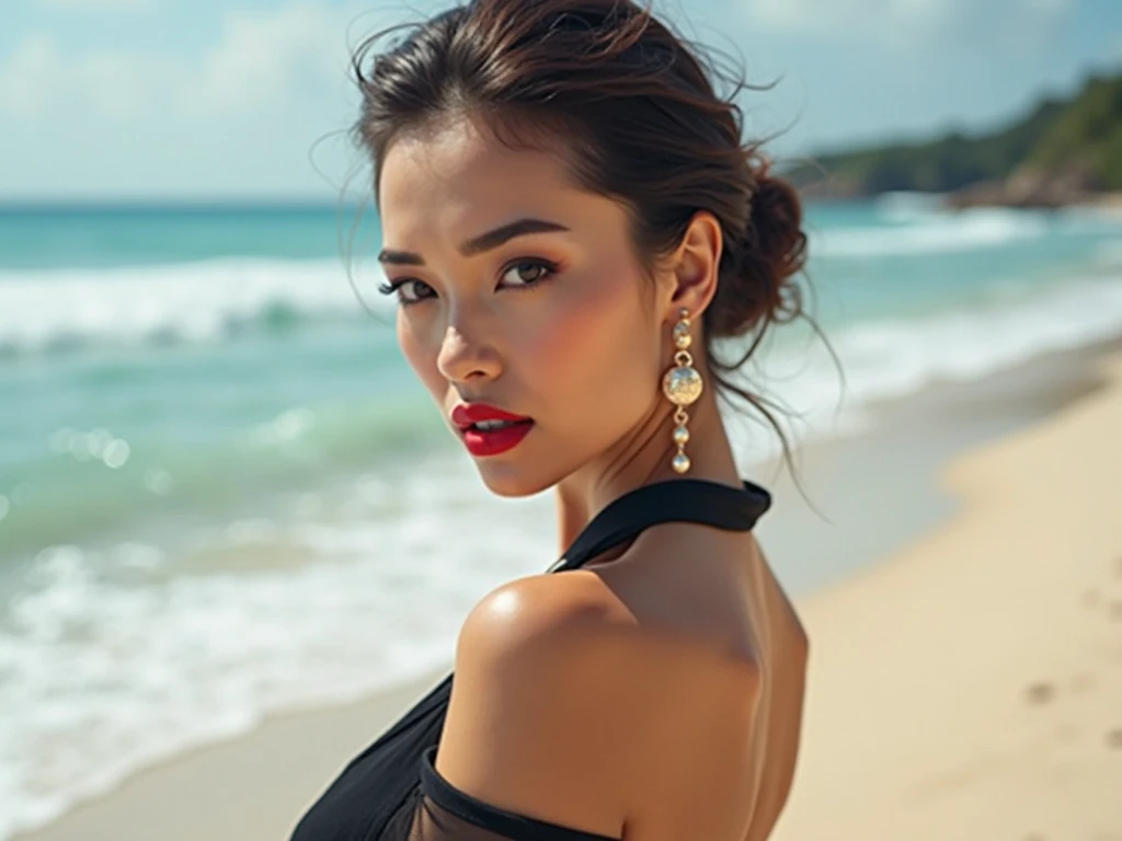 dress a beautiful girl with a perfect figure in something nice, made of available materials ((silk), canvas, nylon, ((fishnet)), ((latex, leather)), [lacy], (lace-up), (((jewelry:1.4))), (chain), bracelets, steel, pendants, ((earrings)), (sunglasses, handbag, phone, everyday items))), ((I encourage you to choose the right background for your phenomenally drawn creation)), (((Random hair color, hairstyle:1.22))), ((experiment, combine complex, multi-layered materialperiment with Armor and delicate materialperiment with the entire palette of colors and shadows)), ((anatomically correct:1.4)), ((perfect proportions:1.4)), (Increase quality:1.4), (best quality real texture skin:1.4), ( (photorealistic:1.55), (raw, 8K:1.2), (hyper realistic), (最high quality, 8K, 16K, table top, Ultra HD), (masterpiece:1.3) ), ((ultra sharp fous)), (((backlighting:1.25))), (super beautiful face:1.6)、(super detailed face:1.5)、(detailed eyes:1.2)、(detailed lips:1.32)、(Detailed nose:1.25)、Attention to detail, Double eyelids, full bodyesbian, and if you want, you are standing, kneeling, Sitting astride a chair, ((random facial expression)), (medium Contrast), (muted colors), long leg, medium , ((layer cut: 1.25)), ((Brightly colored clothing)), ((Lively,Active,vivaciousness)), (:1.6), (((fullcolored long dress:1.43))), (Look sideways, look up, look down), ((ultra sharp focus)), ((black_eyeshadows:1.4))、 (very dark dark red_lipstick:1.42)、(perfect round eyes)、 (brown_eyes:1.33)、 black_makeup:1.35、((very intricate design of epic long lace-up dress:1.32)), ( (beach night), (the stars are shining), (night), ((wind in your hair)) ), (firm normal full :1.3), (looking at viewer), ((wide shot, sideways)), ((dynamic pose:1.25))