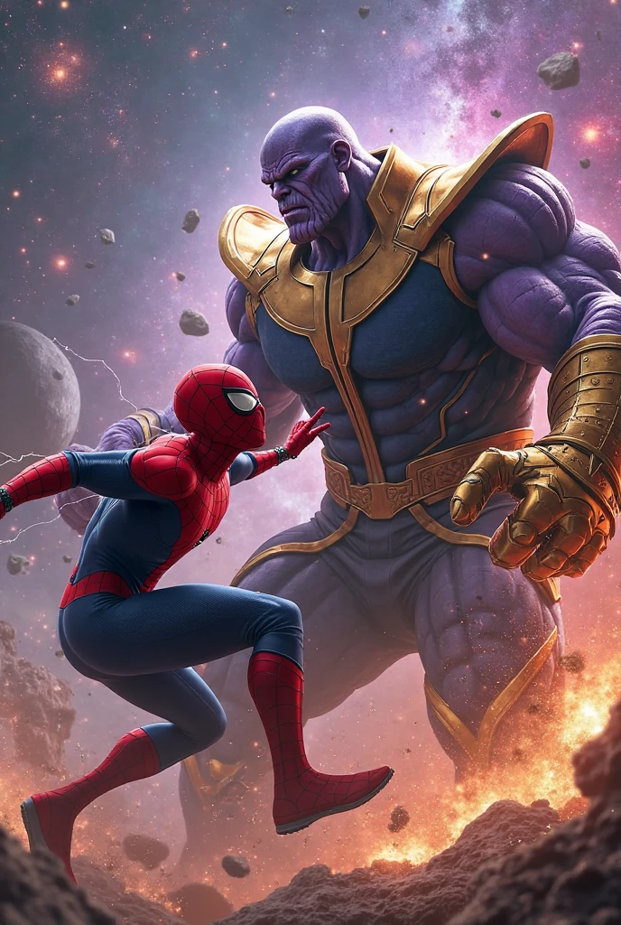 Spider man fighting with Thanos in space near Jupiter