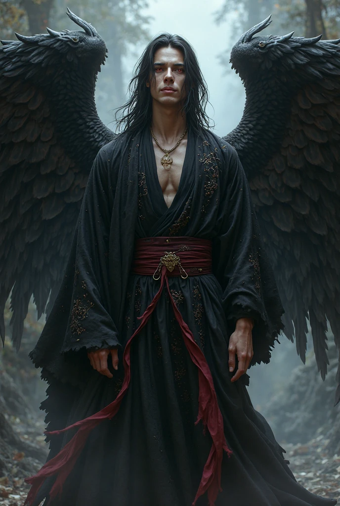 A man, half-celestial, black hair, tan skin, dark clothing, full body, feather-like hair, cloak, raven-like, dark vibes, (best quality,4k,8k,highres,masterpiece:1.2),ultra-detailed,(realistic,photorealistic,photo-realistic:1.37),dark fantasy,dramatic lighting,cinematic,dramatic composition,moody atmosphere,intricate details,chiaroscuro,high contrast