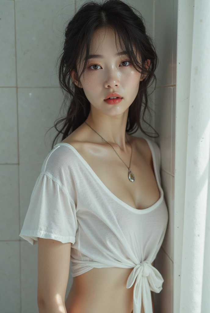 Highest quality、masterpiece、Ultra-high resolution、(Realism:1.4)、1 girl、In a pale background、Deep Shadow、Low Key、Shortcuts、Upper Body、sex appeal、Wearing a shirt