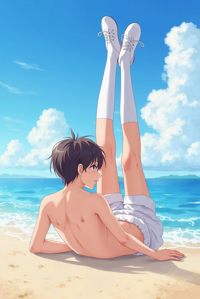 Boy, slim, Cute, Pale white skin, green eyes, Short red hair, on beach, looks shyly at the viewer, smiling, wet, spread legs, squatting, ass view, back view, white shorts,