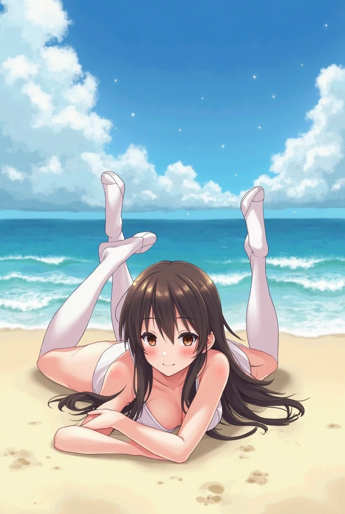 (masterpiece:2.0), (highest quality:2.0), (sitting naked on the beach:1.5), (super sexy pose:1.5), (look up from below:1.5), (fully exposed shoulders:1.5), (fully exposed nape:1.5), (blushing face:1.5), (cover one's chest with one's hands:1.5), (spill :1.5), (realistic:1.5), 1 very pretty girl, precise little hands, You look embarrassed when you look at me, light smile, innocent face, young face, clear eyes, shining eyes, small breasts, I can see the side boob, I can see your shoulders, I can see the cleavage, no pubic hair, dynamic posing, beautiful skin, Super fine, highest resolution, Japanese high school student, brown hair