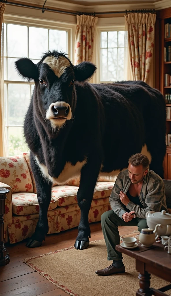 a 42-year-old red-haired man wearing a funny velvet cow costume, funny face, the man is a friendly guy, puffed chest, bulge,he has broad shoulders, the man is delivering milk, background with funny cow shapes, soft cock very detailed