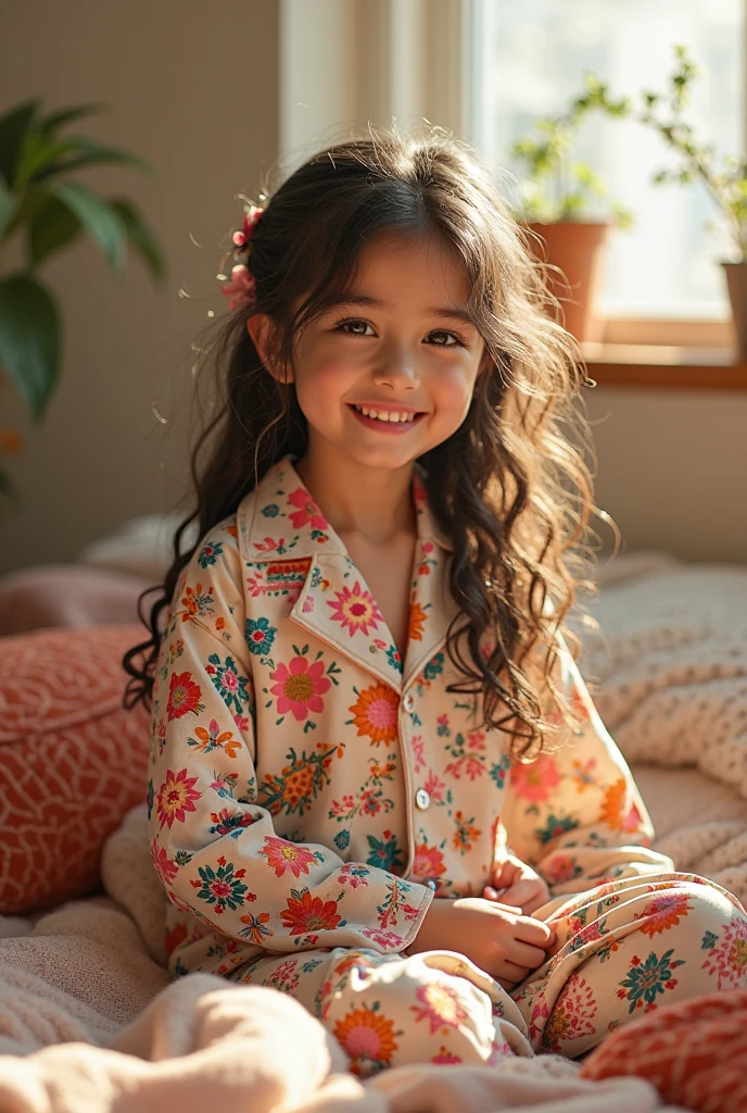 A girl with pretty, dark blonde, wavy hair , smiling ,He is taking a selfie in his room with a bed with stuffed animals and a pink and white blanket in the background , the light-skinned girl with brown eyes , pink dress , he is s old , qu4 looks very real