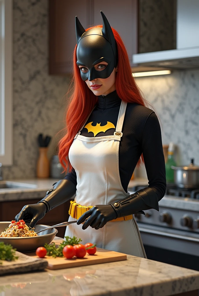 MaleficentWaifu, green eyes, black dress, long sleeves,  looking at viewer, smiling, standing, inside cozy kitchen, holding plate of food, grilled chicken, counter, soft lighting, high quality, masterpiece, <lora:Malefica_character:.8>