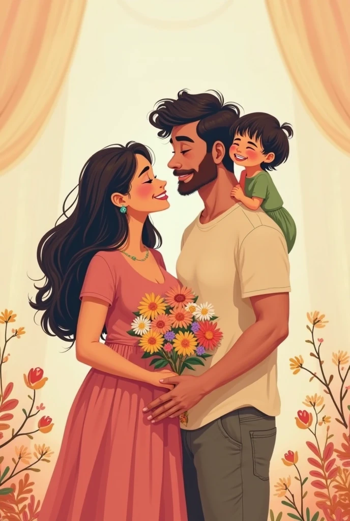 An illustration of a couple with the woman having black hair that falls in waves over her shoulders and the man having perfectly straight black hair and a full beard. The man is holding a baby in his arms and the woman is holding the hand of a child wearing a pink flared dress 