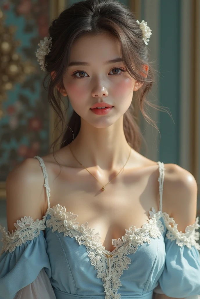 best quality, Masterpiece, 1 girl, alone, ferry, long hair, ferryBase, thigh high, bare shoulders, decorations, Sleeveless, white dress, blue skirt, glove, bed room, bed, Wooden floor, sit, sit on bed, Hands on legs, A delicate smile, soft light, full body, wide hips, Medium bust