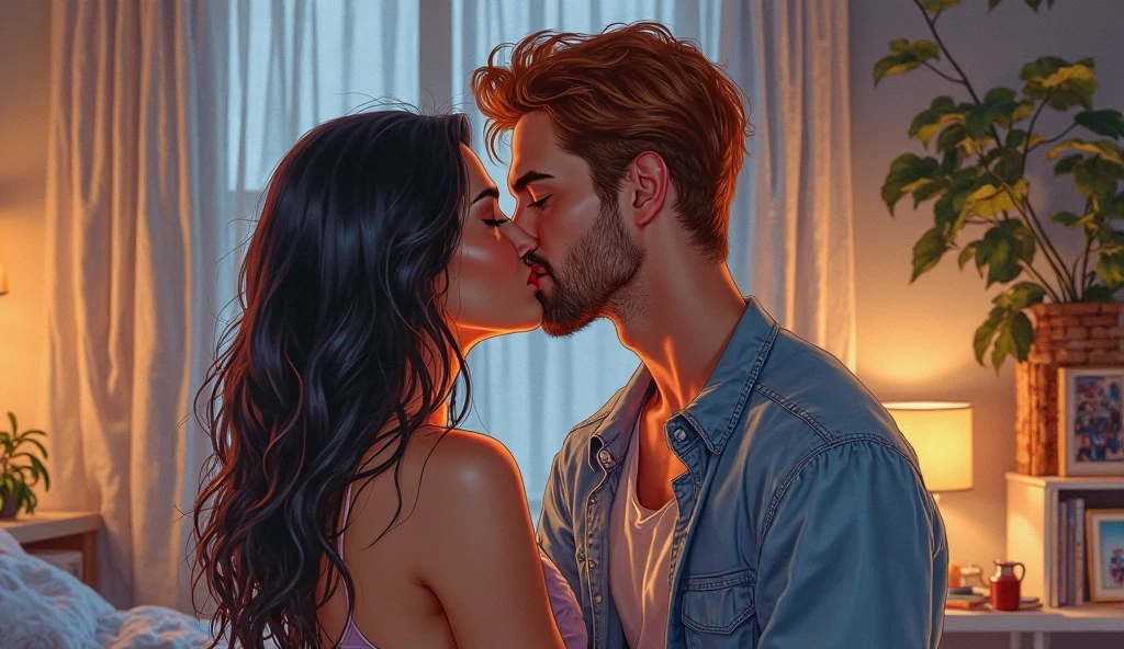 make a girl with straight red hair kissing a man on the cheek this man has a beard and slightly light brown hair realistic and detailed