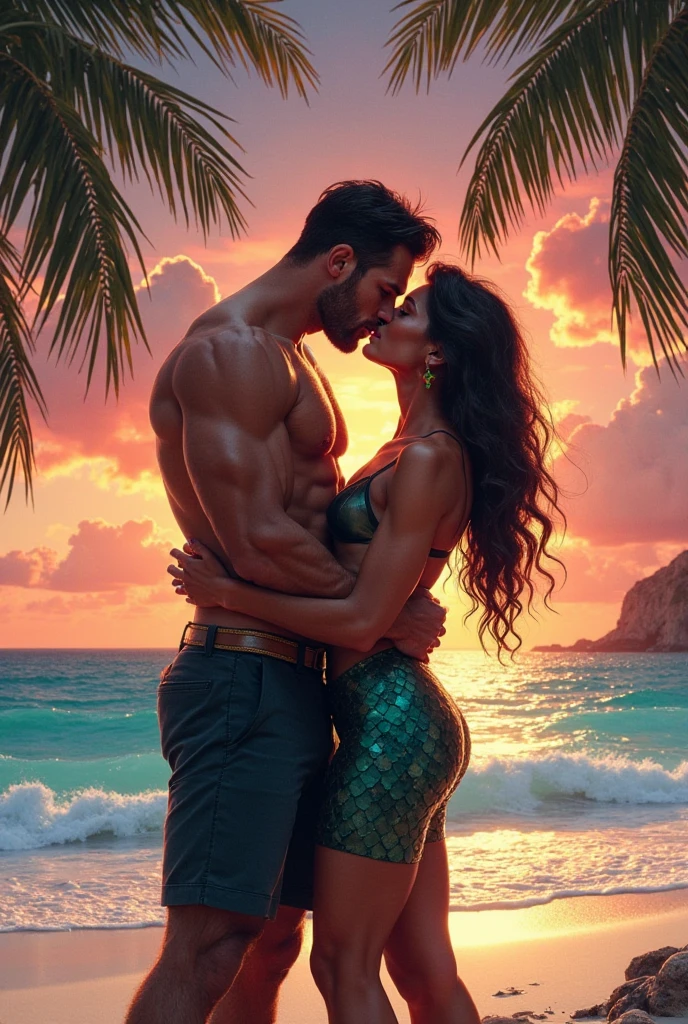 Hot  indian woman, sexy dress, with  muscular white man, beach