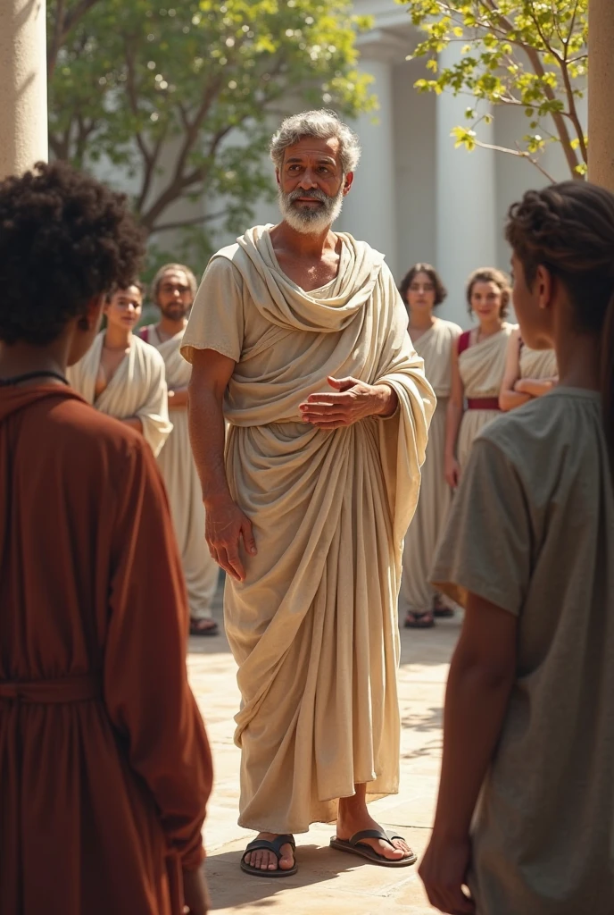 Galeno, a male physician, with an authoritative stance, wearing a toga and leather sandals, standing before a group of students in an open courtyard, passionately lecturing about his contributions to medicine, wide shot, hyper-realistic, photo realistic, cinematography ar—9:16.