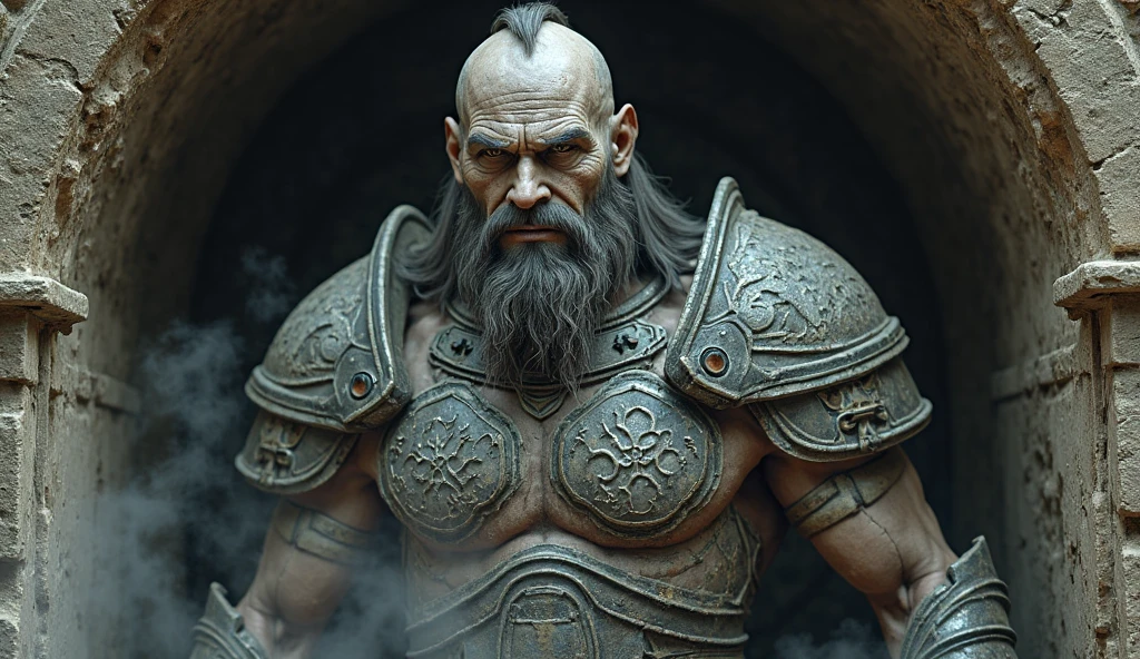 Orc male, long hair, beard, muscular, wearing animal leather clothing, iron armor adorned with animal bones, 8K, ultra realistic