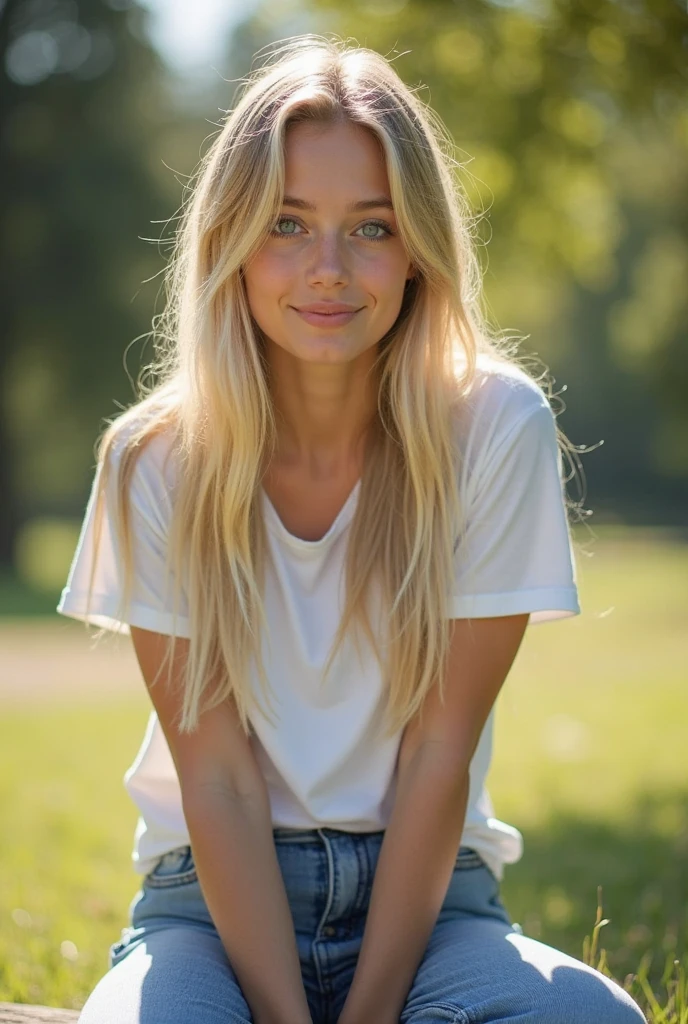 A photo realistic portrait of a 25-year-old Norwegian girl with long, flowing blonde hair and striking blue eyes Wearing white t-Shirt. She should have a natural, approachable expression and be illuminated by soft, golden-hour sunlight. The background should be in at a cabin in the forest. Capture this image with a high-resolution photograph using Kodak gold 400 for a flattering perspective