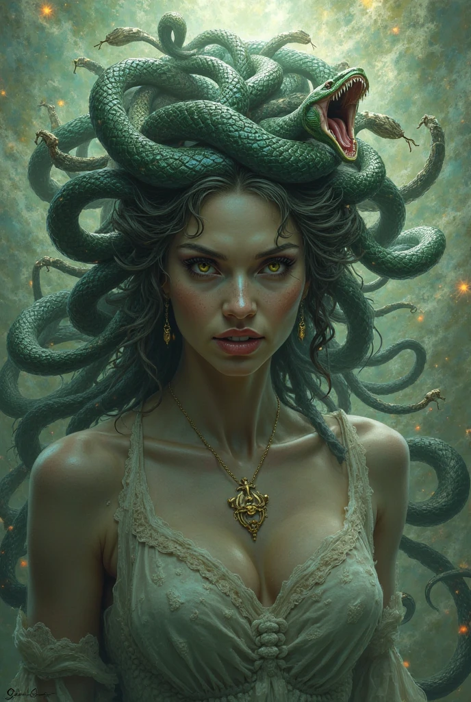 (1 beautiful and obscene female alien:1.4), (There is a female genital-like organ in the middle of her forehead:1.95), She has medusa-like hair, (there are lots of translucent white tentacles from her head like her hair:1.6), (vulgarity1.7), (she is looking down at viewers with glowing red eyes with no pupils:1.6), She is very sleepy face, (She has crystal clear skin:1.4),(She has the most beautiful face in the history of the universe:1.2), (She has multiple bioluminescent organs on the side of her tentacles:1.4), (Her body is covered with an iridescent exoskeleton:1.4), (She is showing her arm pits:1.6), an evil gaze that seduces, (looking down at viewers:1.4),(Vampire-like long canine teeth can be glimpsed through the gap between the cute lips:1.4) (bio luminescent:1.4), (Smile wickedly:1.3), (sexypose:1.4), alien, No humans, cells are fused, extraterrestrial, cell, bio image, ultra high resolution, (photos realistic:1.7), (Numerous award-winning masterpieces, with incredible detail, textures and maximum detail), Dramatic Lighting, cinematic quality, (exquisite details:1.2), High freshness, drawing faithfully, (Thick eyebrows:1.2), Beautiful eyes with fine symmetry,(Highly detailed face and eyes:1.2),(Super detailed skin quality feeling:1.4), perfect anatomy, (Beautiful toned body:1.5), (Moist skin:1.2), not wearing makeup, (dark circles:1.1), long canines, cinematic drawing of characters, cinematic quality, (exquisite details:1.2), high resolution, High freshness, drawing faithfully, official art, Unity 8K Wall paper, ultra detailed artistic photography, midnight aura, unreal engine 5, Ultra Sharp Focus, art by MUCHA, art by Amano Yoshitaka, ArtGerm, ultra realistic realism, dream-like, Creation of fantasy, dream Snail, (biopunk nautilus:1.3),Thrilling color schemes, seductively smiling, Amazing mutation, well-proportioned body, goddess of the deep sea, fractal, Geometric pattern, impossible figures, subtle emerald green accents, (expression of ecstasy:1.5)
