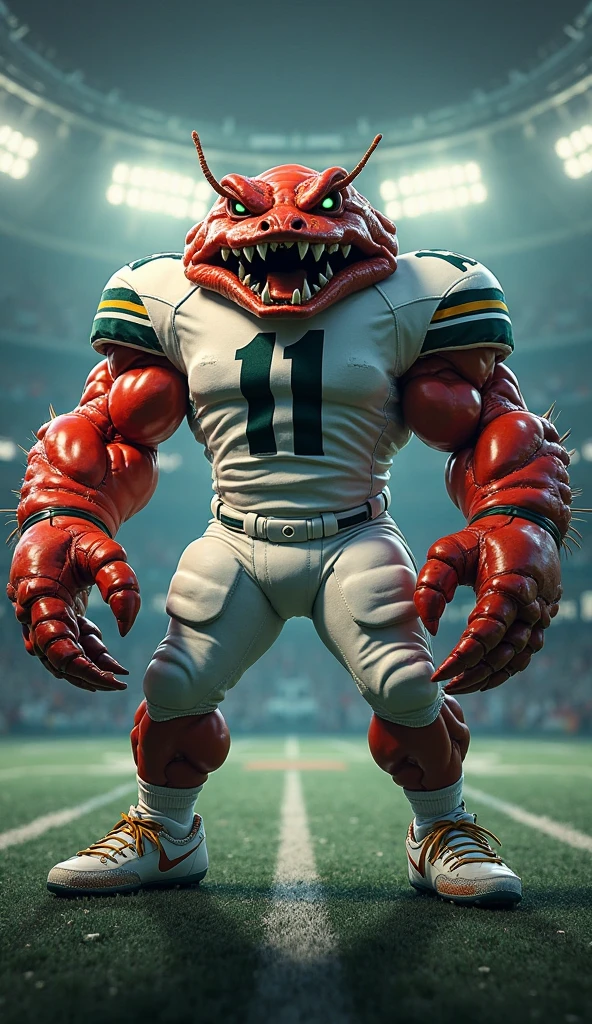 Shark wearing white football jersey with white football pants and black football cleats with maroon number 24 holding a football