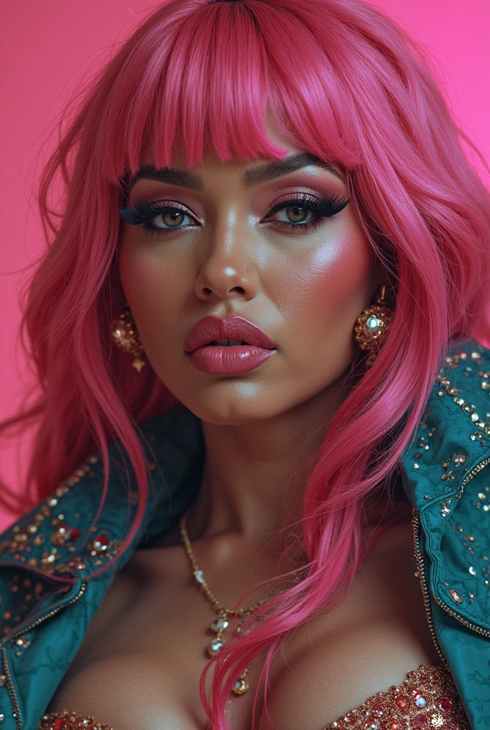 Mixed Dominican Indian, Medium close-up, 1 girl, Alone, huge breasts, neckline, curves, Wide hips, fit stomach, long detailed eyelashes, (detailed eyes), full lips, (detailed skin texture:1.1), (at least, realistic hair:1.2), hair: (pink hair, swept bangs),
CLOTHES: (teal dress), BREAK;
Location: bedroom, day time, (looking at the viewer), passionate look, Soft lighting, depth of field, (photorealistic), ultra high definition, raw photo,
