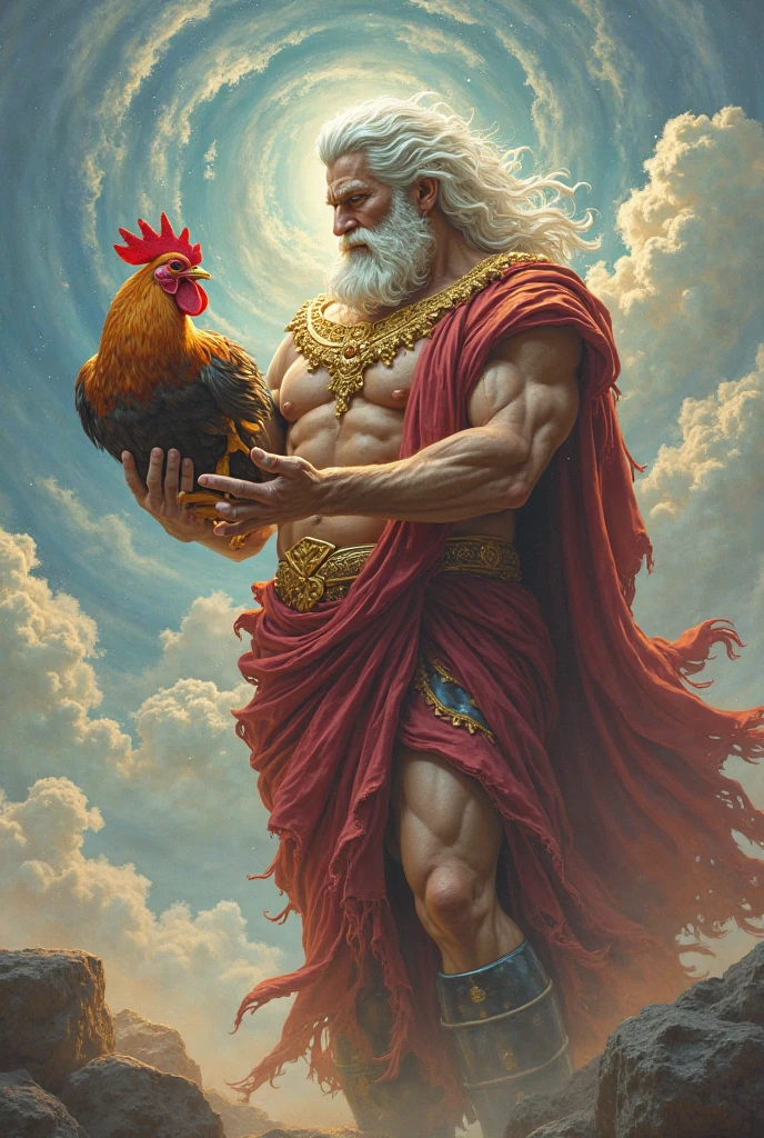 Poseidon with his trident sitting and next to him a crazy chicken