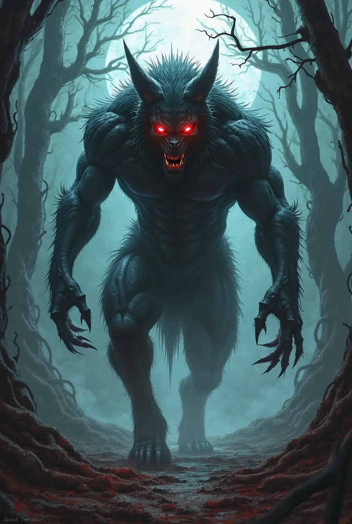 Horror masterpiece, best quality, (action shot, movement blur), combat, greg rutkowski, (focus on terrifying large wendigo roaring, large size difference), fantasy, people fighting it, dark winter night, forest deep dark woods, massive ancient trees, battle, scenery, mountain, outdoors, multiple people, injured people on the ground, (blood splatter flying through the air), trail of carnage, (indirect) moonlight, very detailed, high resolution, sharp, sharp image, 4k, 8k,