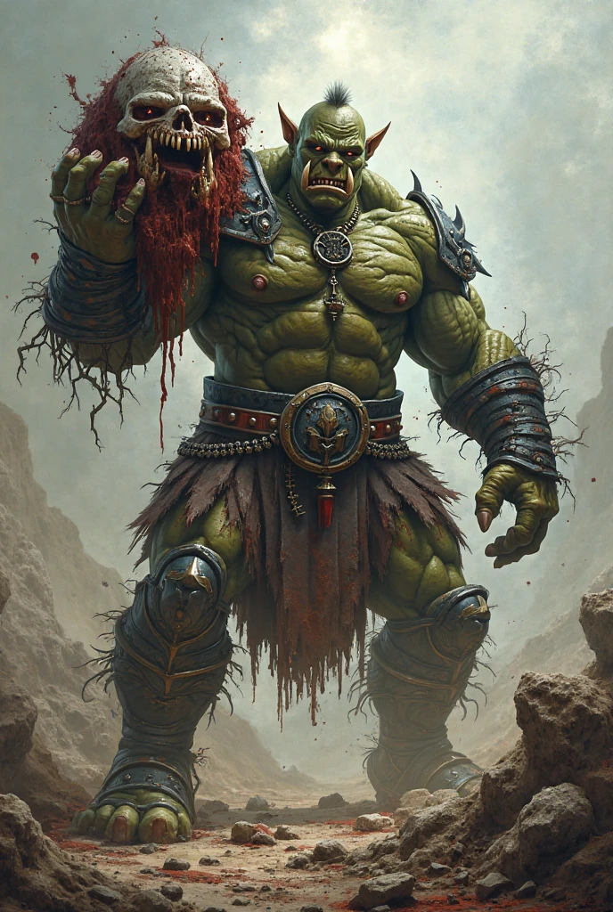 plano general, whole body,Bloom,((1 ogre alone, strong and robust, dynamic pose, with shoulder pads and leather bones, large and sharp fangs, leather belt with a skull:1.5)), fighting stance, looking at the viewer, wide, by the floating, hanfu, Chinese clothing, long sleeves, (abstract ink splash:1.2), White background