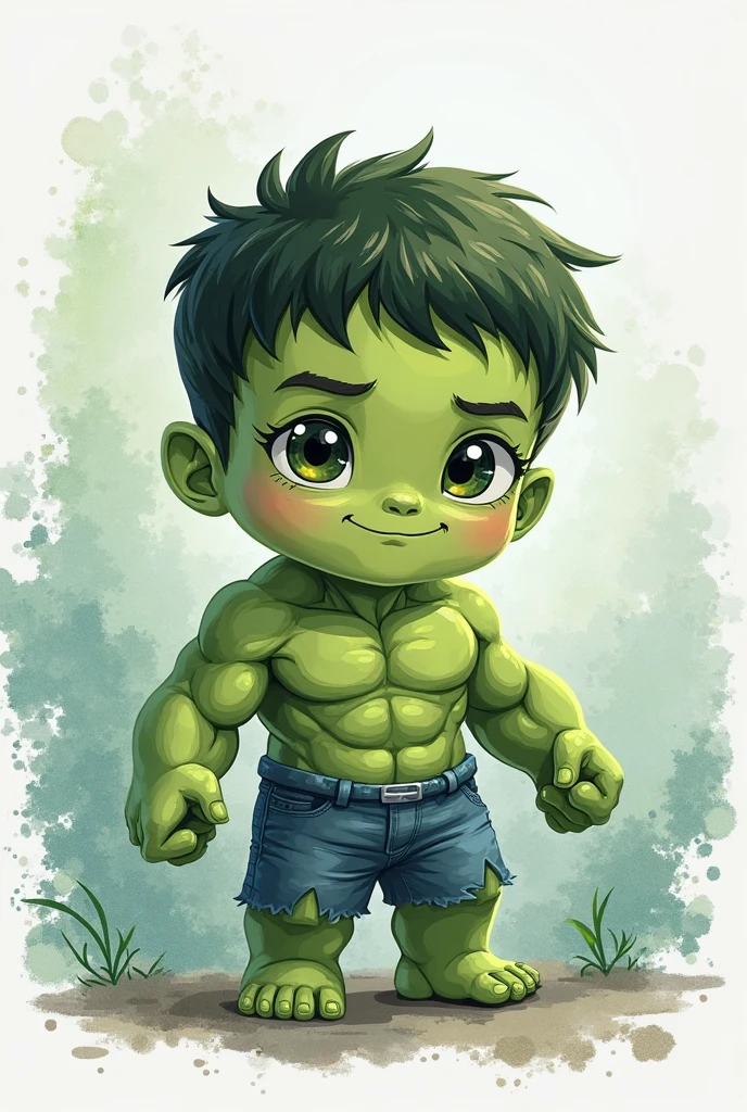 Super hero  male, green human skin, blue eyes, hulk, place: space. Upturned and round nose. Medium length hair swept to the side dark brown . 5 years 