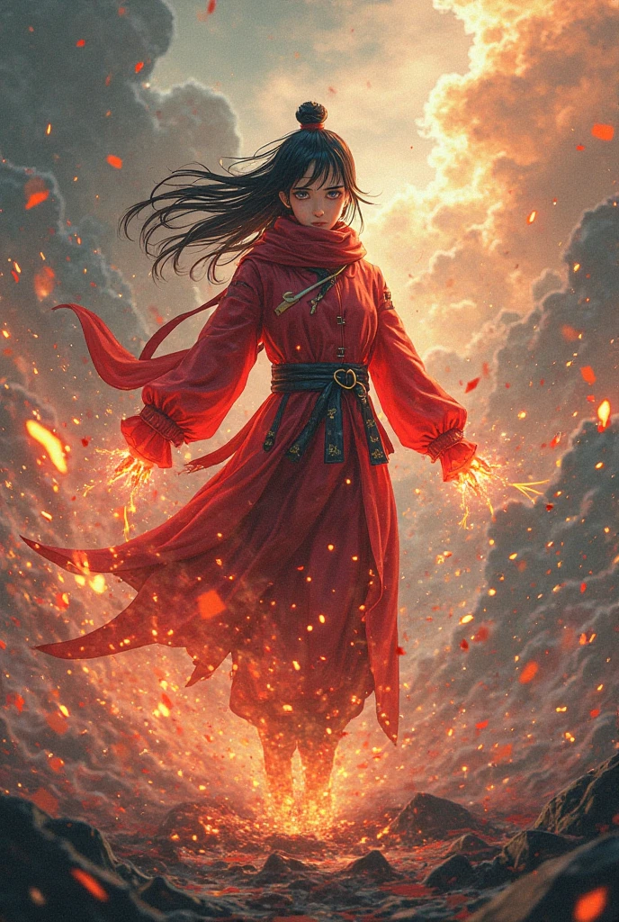 A little hijab girl, wearing a long skirt, proudly holding a large red and white flag, with highly detailed eyes and face, exuding extreme happiness, celebrating Indonesian Independence Day, with splashes of water and fire in the background, creating a dramatic atmosphere.