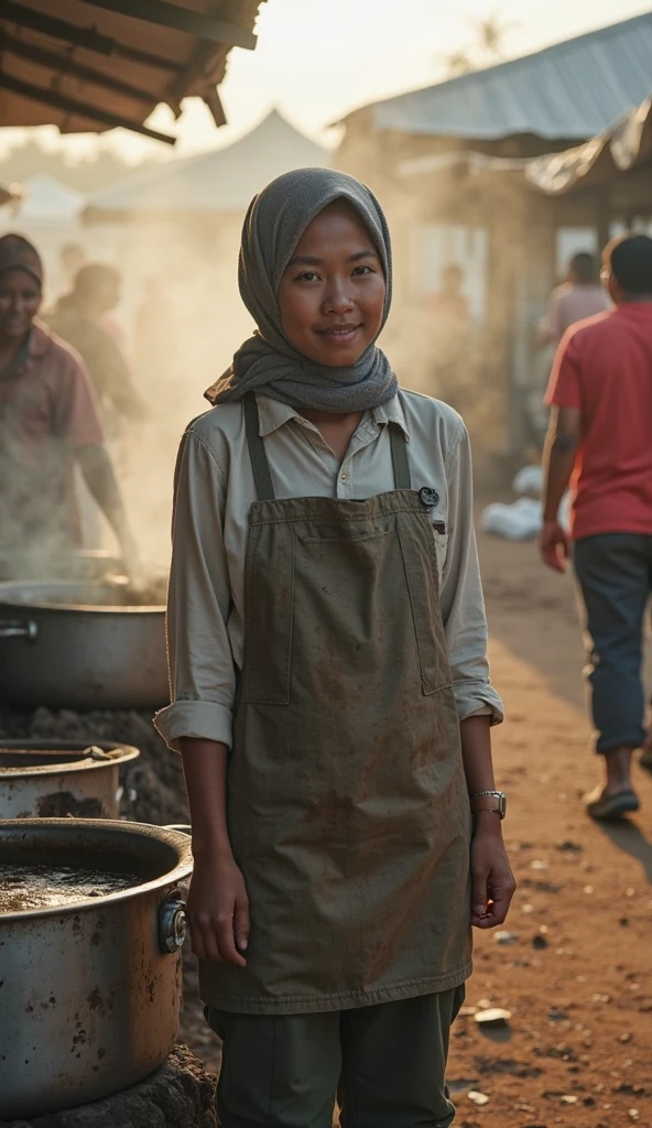 a malay girl, wearing a hijab, in the kitchen of a bad and poor wooden house, the girl is cute hot, the girl wears an apron but is nude,big boobs