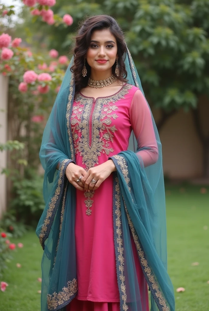 (((HD photo))), ultra high res.photorealistic:. 1.4, UHD An individual wearing shalwar kameez in an ultra-detailed and realistic manner, with every intricate detail of the fabric and stitching clearly visible. The image should showcase the best quality, with a resolution of 4k or 8k, resembling a masterpiece. The color palette should be vibrant and the lighting should highlight the texture of the clothing. The overall composition should be focused on the person, capturing their posture, expression, and the intricate patterns on the shalwar kameez. The art style should emphasize the beauty of portraits and highlight the cultural significance of the clothing