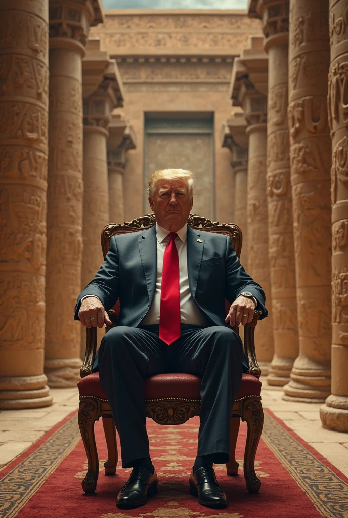(Photorealism:1.2), Create an illustration reimagining what a fusion of a businessman's formal social style with the attire of pharaohs would look like, with the pharaoh seated on the throne and Donald Trump standing.