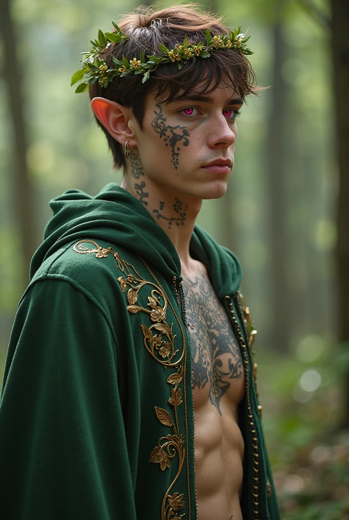 Young guy elf,(full body),long hair, defined body, tattooed,in a magical forest)light mist,he is a mystic forest, he's very detailed adorned with leaves and vines, he's amongst vines and holding them