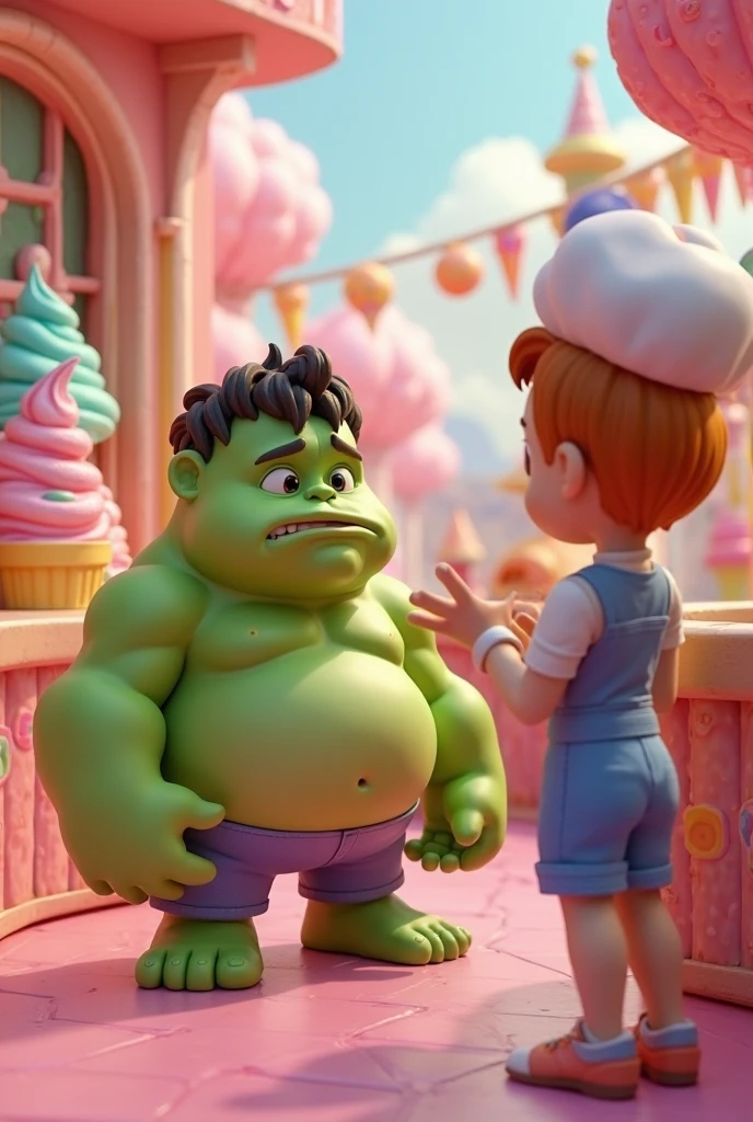 Create a realistic image of the ice cream selling hulk, serving children