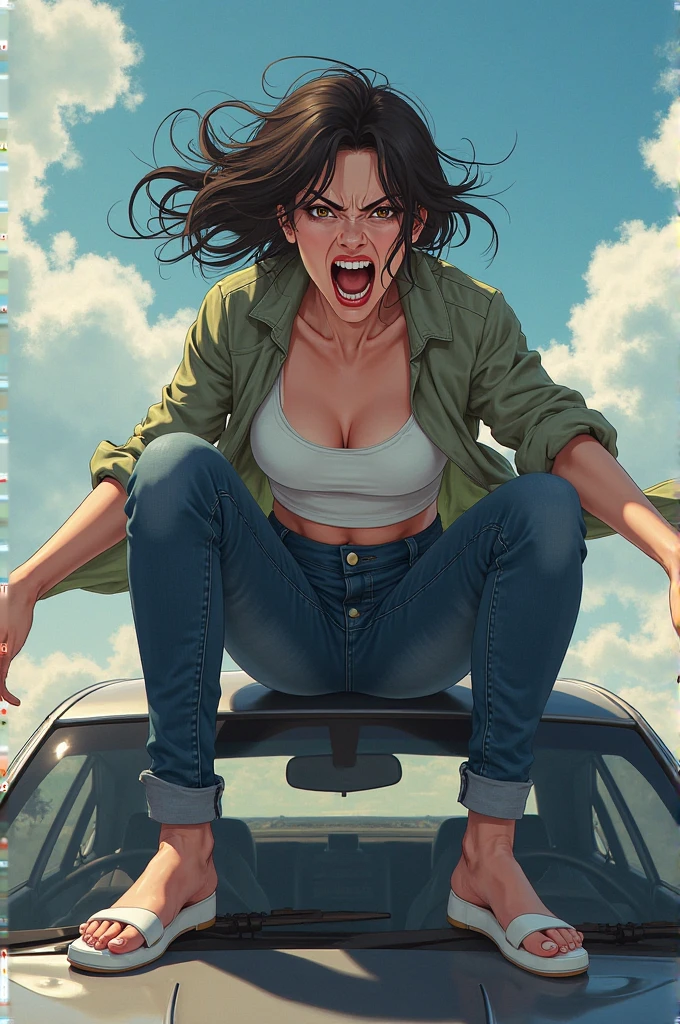 Beautiful college girl, facing camera, wearing a tattered tanktop and jeans, tattered hood, super busty, dark hair, tattoo on right arm, full body picture, huge rear end, dystopian future running from a threat