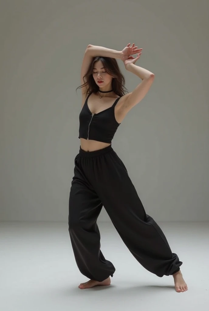 20 year old Korean woman dancing in a closed, dark dance studio,Sweating,Sweat flying,Flowing sweat,Bobcut,aespakarina,A painful expression with furrowed brows,hiphop dancer,Gangster-style long pants,wearing edg90hh_clothing,8k,High definition