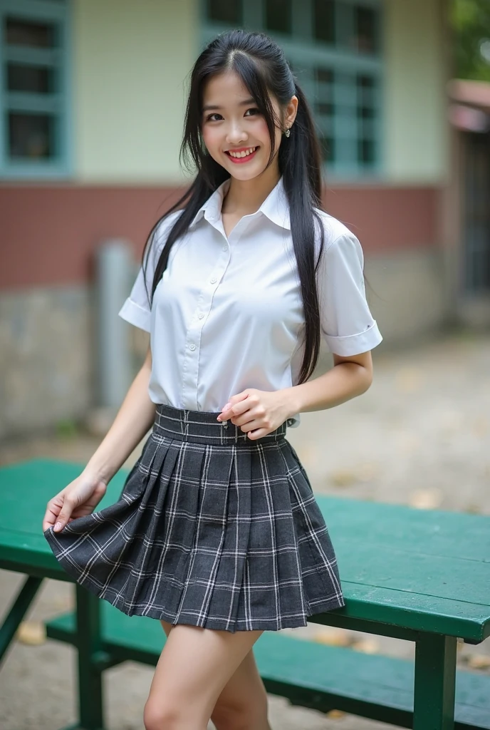 the Extremely Detailed CG Unity 8K Wallpapers、top-quality、ultra-detailliert、masterpiece、realisitic、Photo Real、extremely detailed cute girl、18year old、(High school student in Japan uniform)、red blush、cparted lips、looking at the viewers、Semi-body shot、(Scenery of the rainy season)、(Japan high school uniform and designated shoes)、(short plaid skirt:1.5)、(Short sleeve white shirt for students)、 (neck tie:1.2)、(light brown random hair)、(beauitful face:1.3)、(perfectly proportions:1.2)、(Long feet:1.2)、(small tits:1.3)、(Textured skin)、Looks Back、over the shoulder view、focused shot、((Blouse wet from rain、The brusher can see through))、(The bra on the back shows through)、smirk grin、((wetting hair、wetted skin))、((The upper part of the body))、Angle from above、(Wet white panties:1.5)