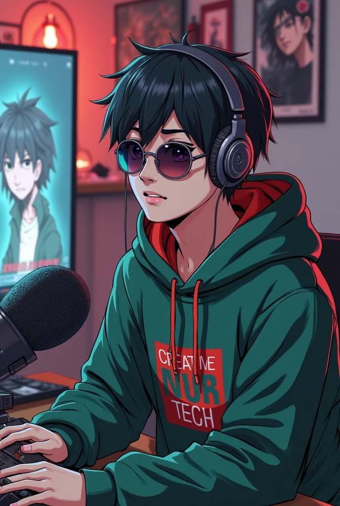 Anime boy calls to talk, ig studios anime style, nightcore, style of anime4 K, High quality anime art style, Anime boy, young anime man, Anime art style, Digital anime illustration, Anime style. 8K, in an anime style, male anime character, Kawasi，best qualtiy：1.0），（超高分辨率：1.0），Anime boys，with short black hair，blue color eyes，sitting in front of the computer，Speak into the microphone，The background is in the esports room，Earphone，The head is close to the microphone,8K