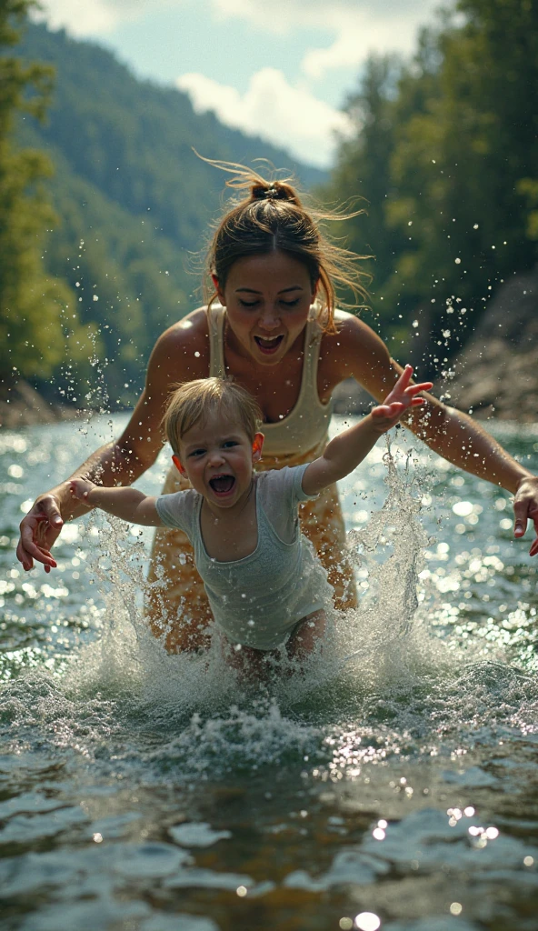 Baby falling into lake with mother