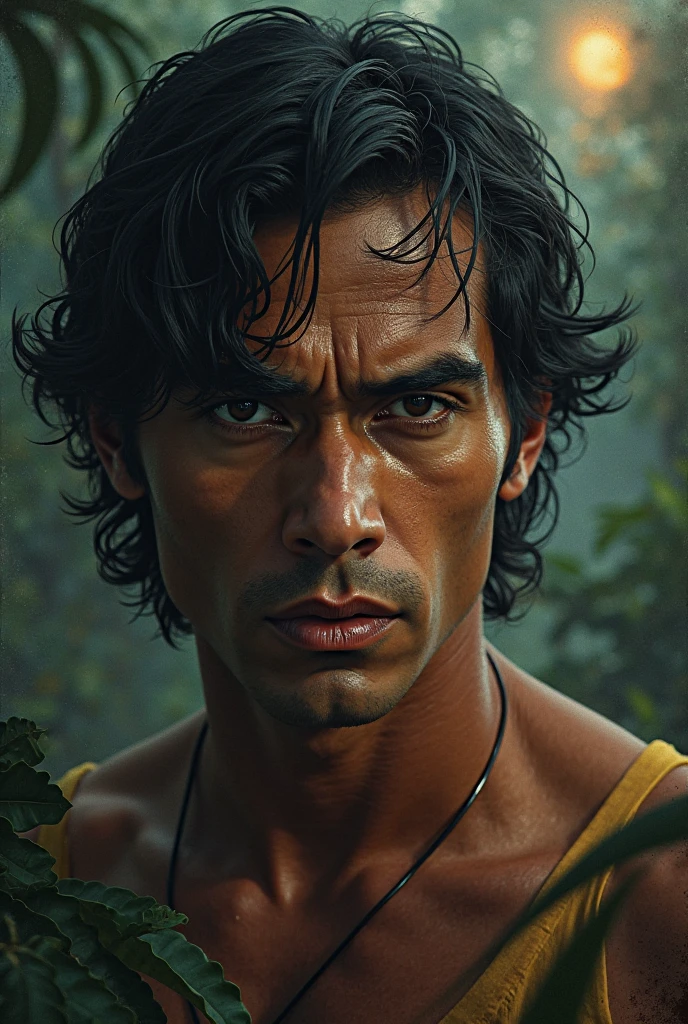young, 27 years old with a marked jaw and thin lips. His nose is big, round and with the septum slightly protruding. He has small, dark eyes., slightly torn, with triangular eyebrows. Her skin is tanned brown, darker than average, and has visible ears. is shaved, but you can see the growth of dark hair.
His expression is strong, with a feeling of anger or determination. The expression lines on the forehead are very marked, and the veins on the temple are very noticeable, accentuating the intensity of his emotion. For a more cultural touch, The background may include traditional Mexican elements, and your posture can show confidence and firmness.
She is a normal person, not a model. She has more indigenous Mexican features and you don't see as many furrows on her face. It is smoother and rounder.
