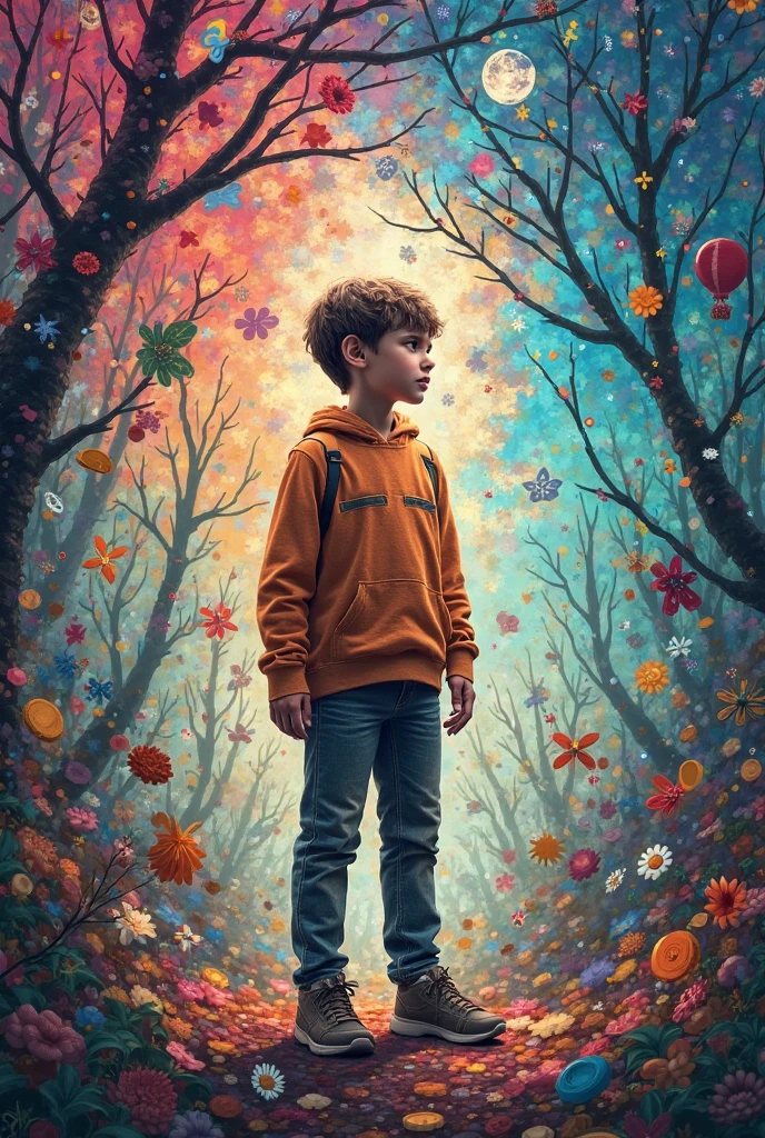 Little boy graffiti forest scenery on room wall，Place yourself in the color of the walls with doodles，Perfection blends in with painting。