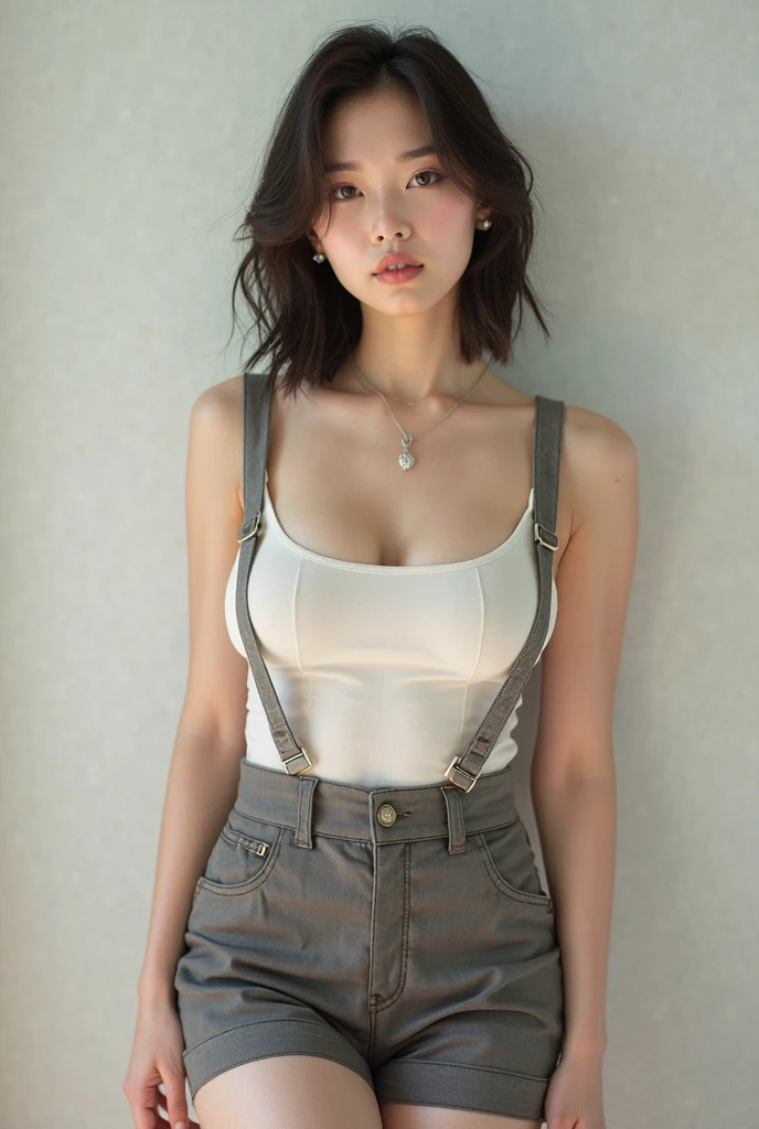 masterpiece、flat-colors、depth of fields、lens flare 1 girl、、Brown hair、watching at viewers a belt black suspenders Too large breasts Armpit sweat perspiring Side of both hands walls: Black pants, Gaze Small face Bangs Upper Eyes flank