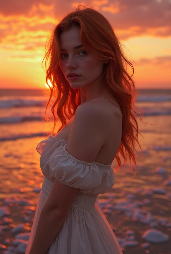 Woman, Orange HAir, Blue Eyes, (Blue Dress), tight Minidress, on the Beach, Windy, at Dusk, at Sunset, Soft Smile
