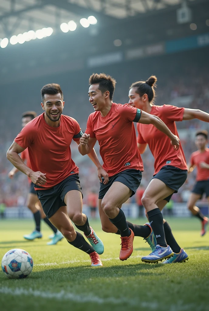 Several Asian male soccer players are in a circle kicking a ball. One of them is in the middle with his shirt off.