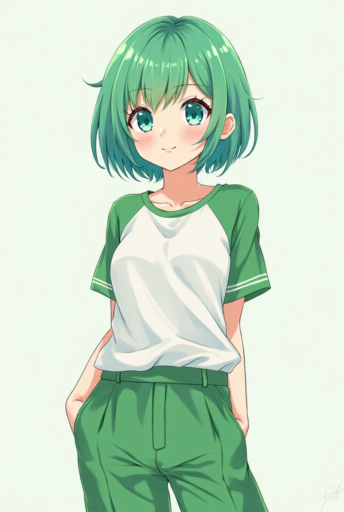 1 girl, cute, young, green hair, bob haircut, green eyes, , mini skirt, thigh high,