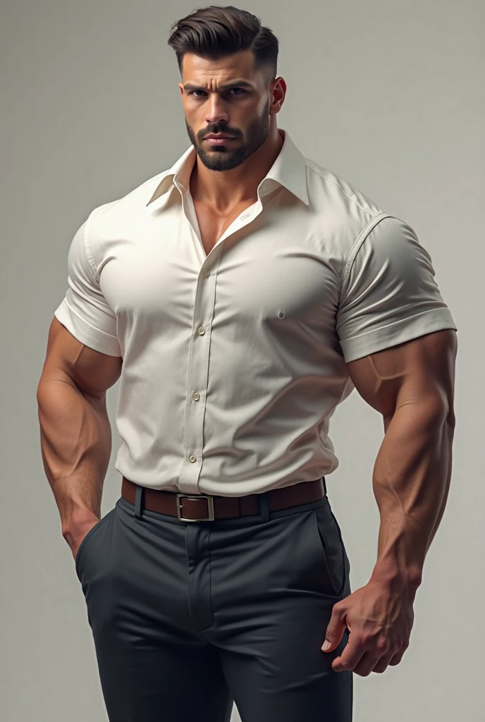 35 year old male. Muscular. Waist up image. Well dressed. Bald. Bearded.