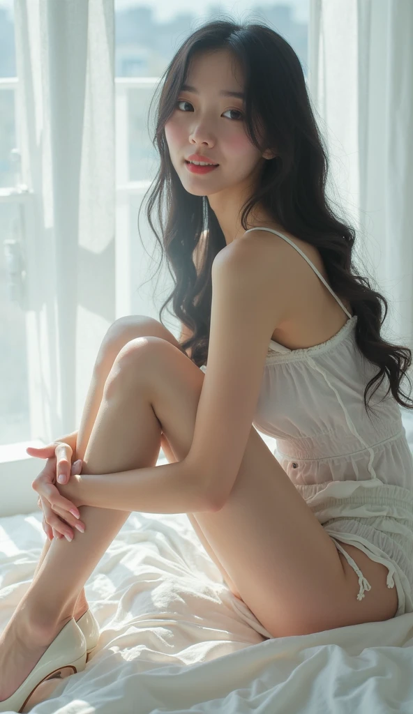 (On a table, Best quality, realistically, ultra - detailed, meticuloso, A high resolution, 8k wallpaper), Close-up portrait of a beautiful woman, Chariada, Smiling, light brown messy hair, Perfect dynamic composition, 美丽meticuloso的眼睛, Just like the cover of a fashion magazine, On campus
