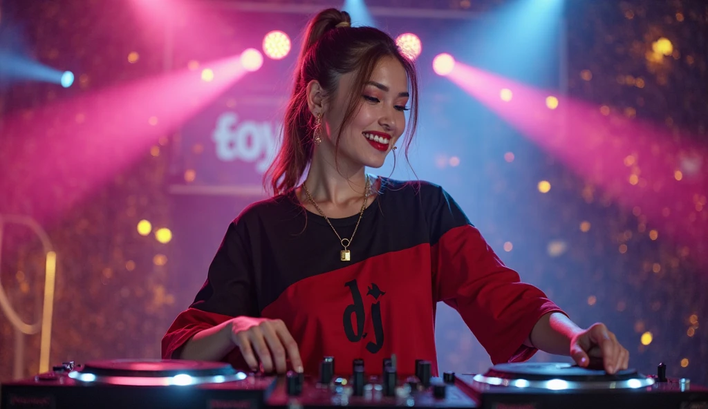 (1 girl、A dark-haired、straight haired、ponytail, hair adornments、ssmile、A smile、、cute face)、sage jacket、crop top, Black pants、full body Esbian、camera view、Turntables on both sides of the mixer console、masterpiece、top-quality、nffsw、Portrait with headphones around the neck(((Play the keyboard)))、The audience gets excited、stage, score_9,score_8_up,score_7_up,fine details in everything,indonesian, portrait,(shadows:1.4),night,Dark Alleyways,o-ring, keyboardist