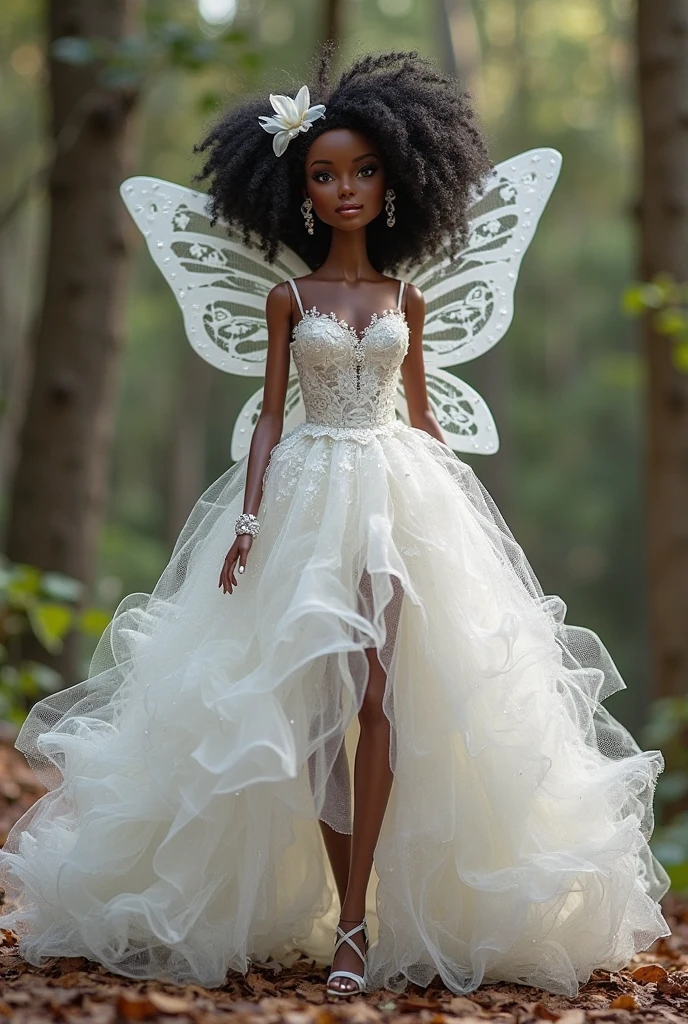 (medium full shot) of (pure angel) young woman, south african, dark eyes, dark skin, dark skin, light brown eyes, busty build, short dark afro hair,  wearing Celestial dress in celestial blue, featuring intricate embroidery, wearing a intricately woven crown of lilies and roses, glittering stockings, pink ballet flats, feathered (angel wings), (angel halo), clasping a scroll inscribed with sacred texts .set in  Grove of Harmony, Tranquil forest filled with ancient, moss-covered trees, their branches reaching towards the heavens, shafts of sunlight filtering through the canopy to dapple the forest floor with soft, ethereal light , at sunset, laughing, squatting, Masterpiece,best quality, photorealistic, amazing quality, very aesthetic, extremely detailed face,