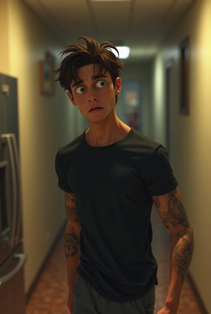 Draw a picture of a 20 year old man who has been hit by a zombie outbreak but is still conscious in his room holding a knife 